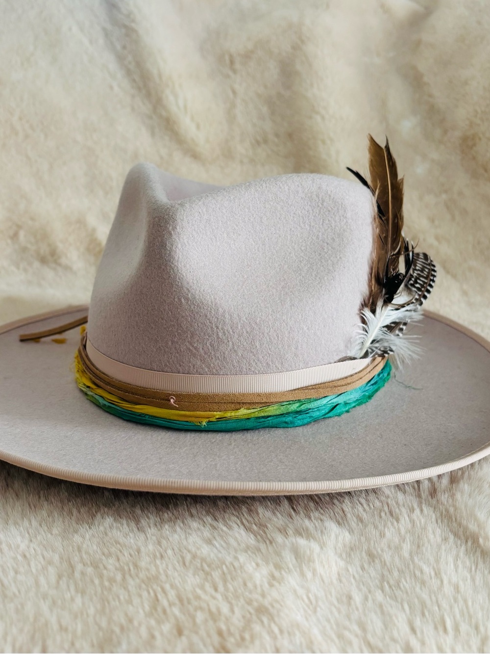 Custom GIGI PIP Monroe Ivory Felt Fedora with Colorful Feather Trim